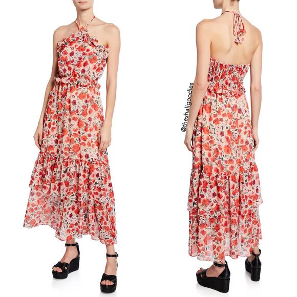 Misa Los Angeles Gia Floral Halter Dress Size Small Maxi Chiffon Tiered - Picture 4 of 13